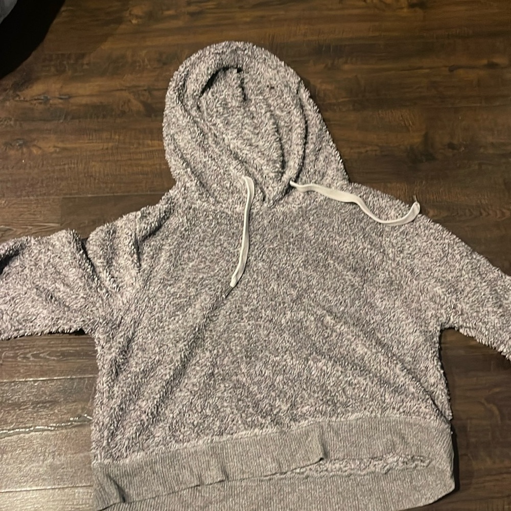 very fluffy gray hoodie
